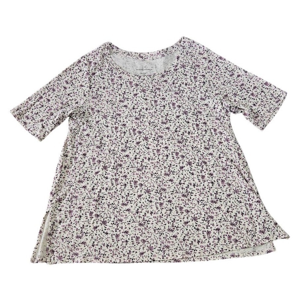 J. Jill Pima Cotton Scoop Neck Elbow Sleeve Tee Women 1X Purple Floral Print